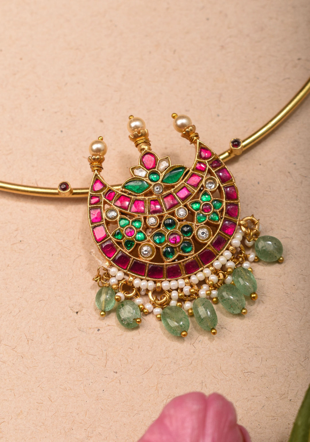 Chandbali with Jadau Pendant on Wire base Necklace with pearls and sage green dangling beads | Shobitam Jewelry
