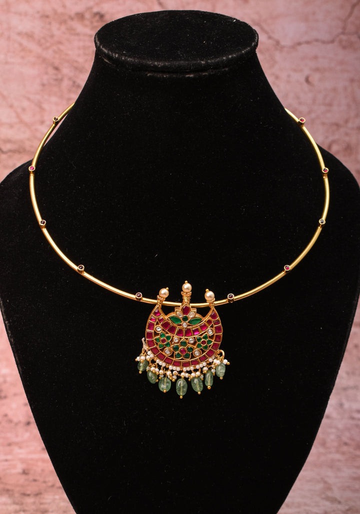 Chandbali with Jadau Pendant on Wire base Necklace with pearls and sage green dangling beads | Shobitam Jewelry