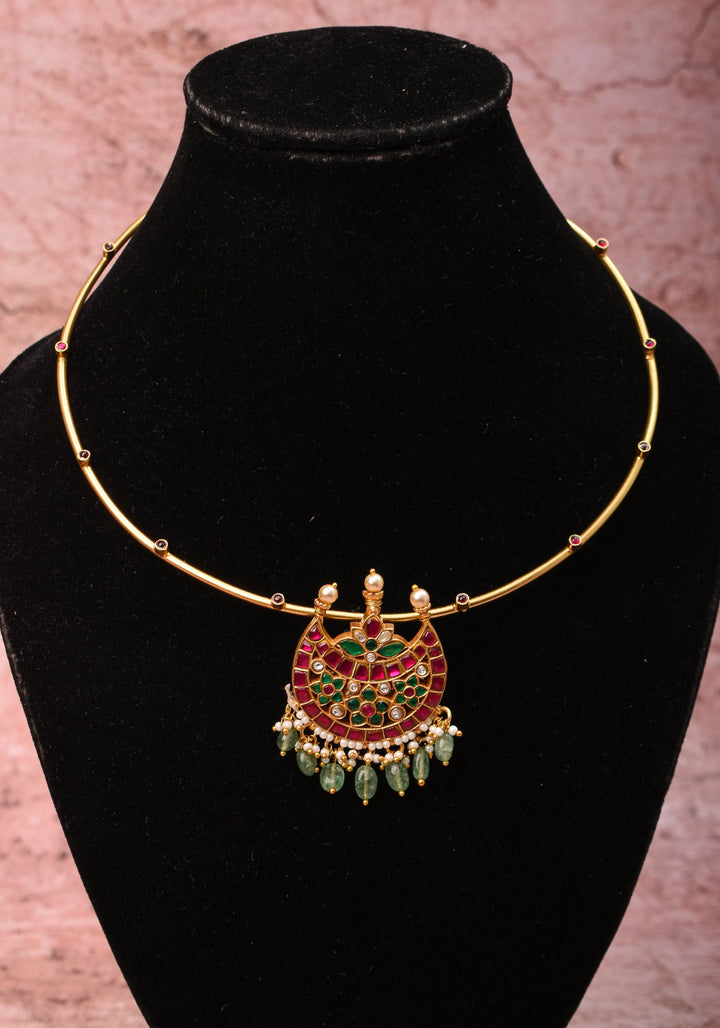 Chandbali with Jadau Pendant on Wire base Necklace with pearls and sage green dangling beads | Shobitam Jewelry