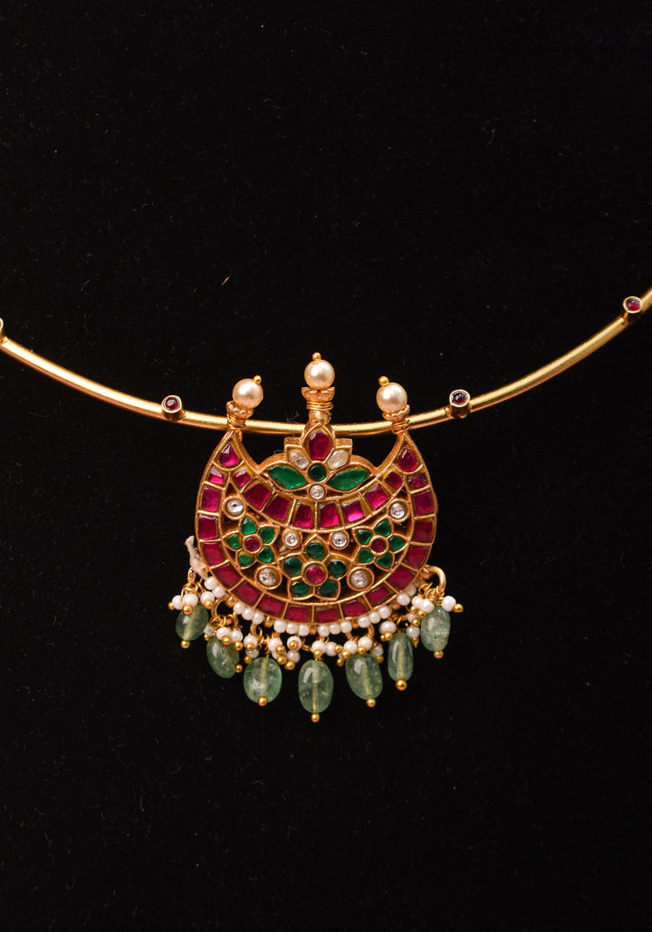 Chandbali with Jadau Pendant on Wire base Necklace with pearls and sage green dangling beads | Shobitam Jewelry