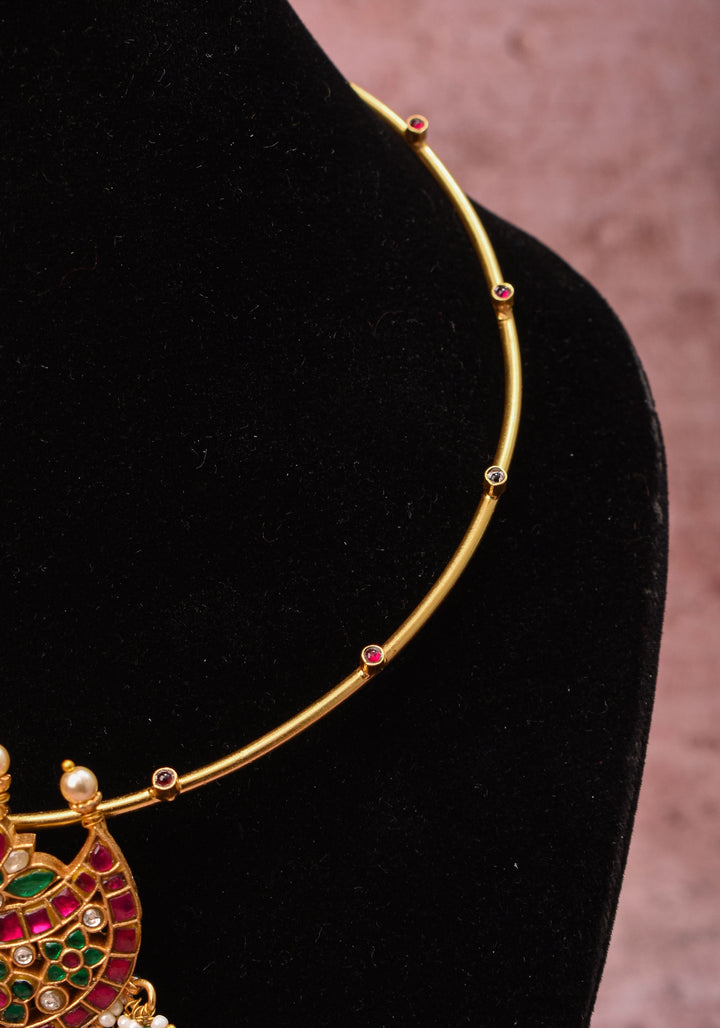 Chandbali with Jadau Pendant on Wire base Necklace with pearls and sage green dangling beads | Shobitam Jewelry