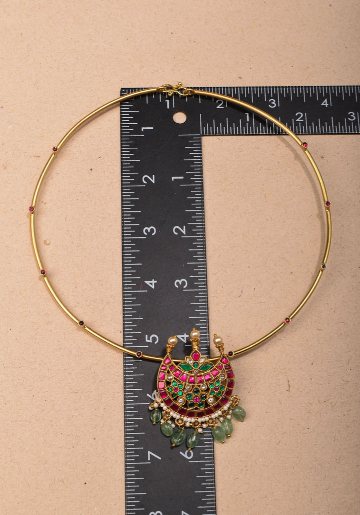 Chandbali with Jadau Pendant on Wire base Necklace with pearls and sage green dangling beads | Shobitam Jewelry