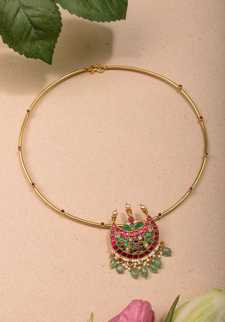 Chandbali with Jadau Pendant on Wire base Necklace with pearls and sage green dangling beads | Shobitam Jewelry