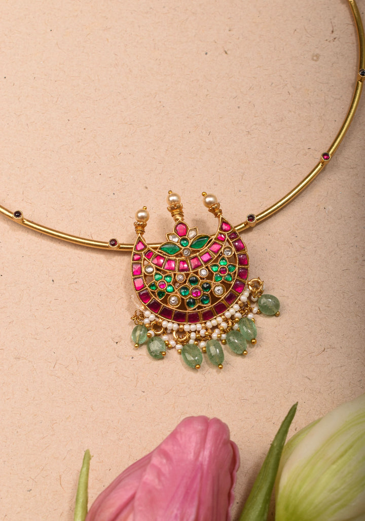 Chandbali with Jadau Pendant on Wire base Necklace with pearls and sage green dangling beads | Shobitam Jewelry