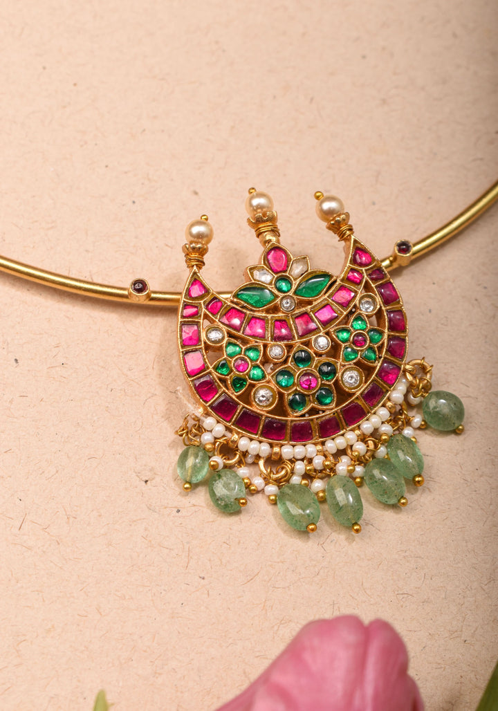 Chandbali with Jadau Pendant on Wire base Necklace with pearls and sage green dangling beads | Shobitam Jewelry
