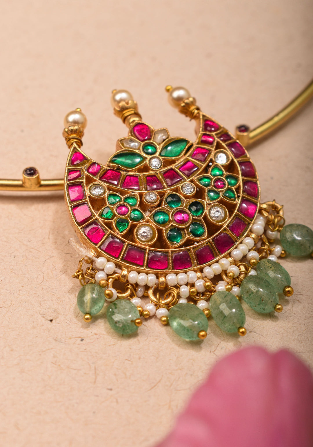 Chandbali with Jadau Pendant on Wire base Necklace with pearls and sage green dangling beads | Shobitam Jewelry