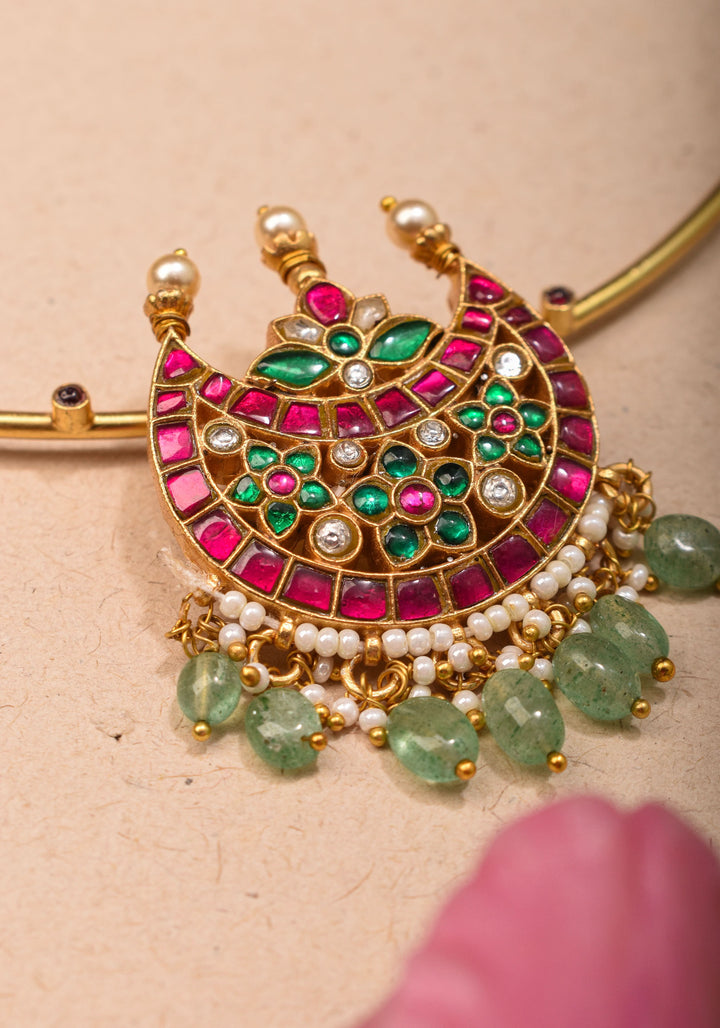 Chandbali with Jadau Pendant on Wire base Necklace with pearls and sage green dangling beads | Shobitam Jewelry
