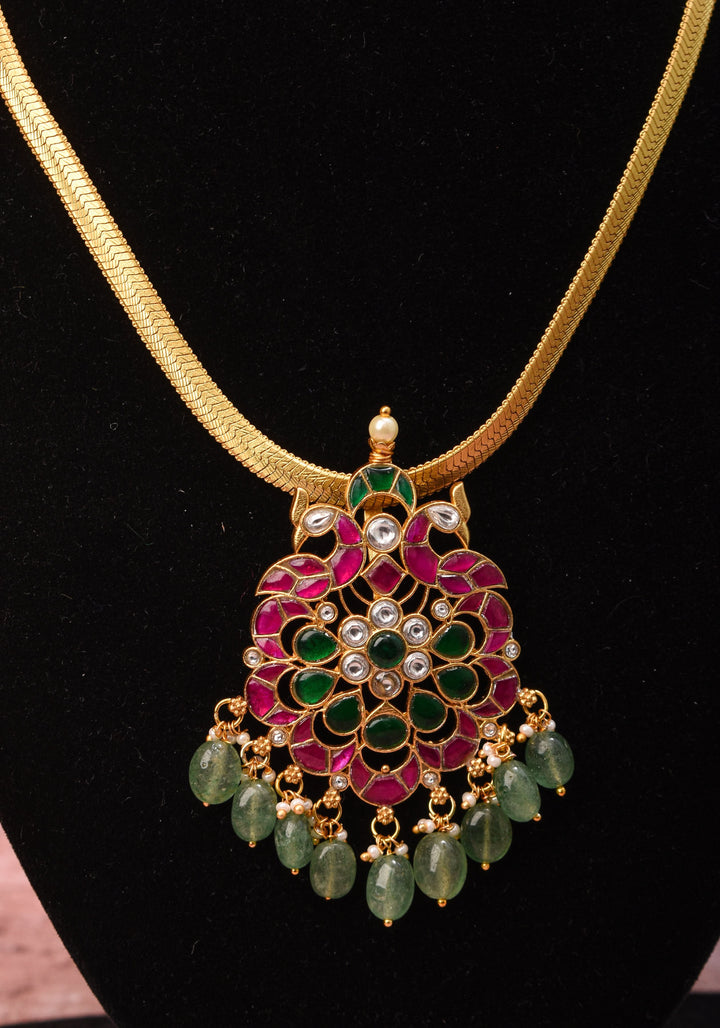 Ahmedabadi Kundan twin Peacock neck chain with dangling pearls | Shobitam Jewelry