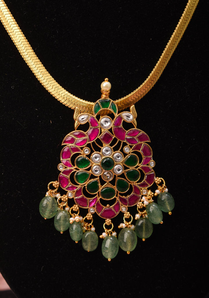 Ahmedabadi Kundan twin Peacock neck chain with dangling pearls | Shobitam Jewelry