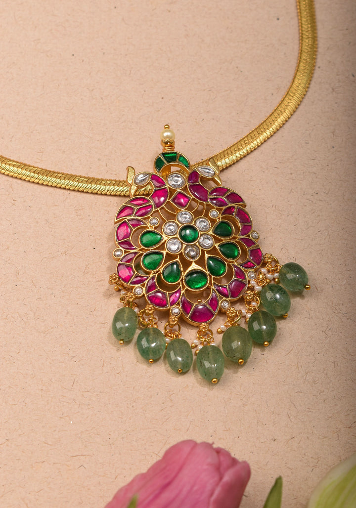 Ahmedabadi Kundan twin Peacock neck chain with dangling pearls | Shobitam Jewelry