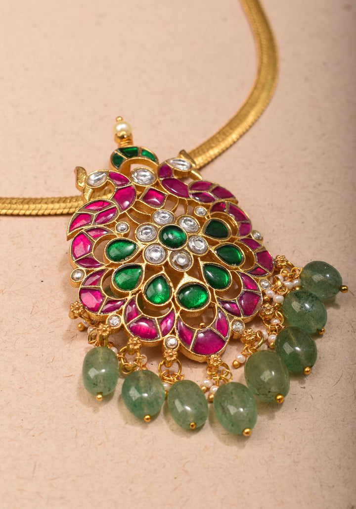 Ahmedabadi Kundan twin Peacock neck chain with dangling pearls | Shobitam Jewelry