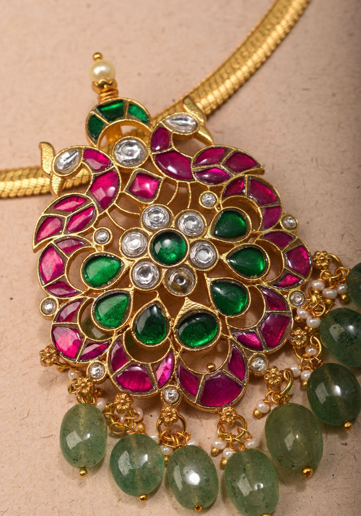 Ahmedabadi Kundan twin Peacock neck chain with dangling pearls | Shobitam Jewelry