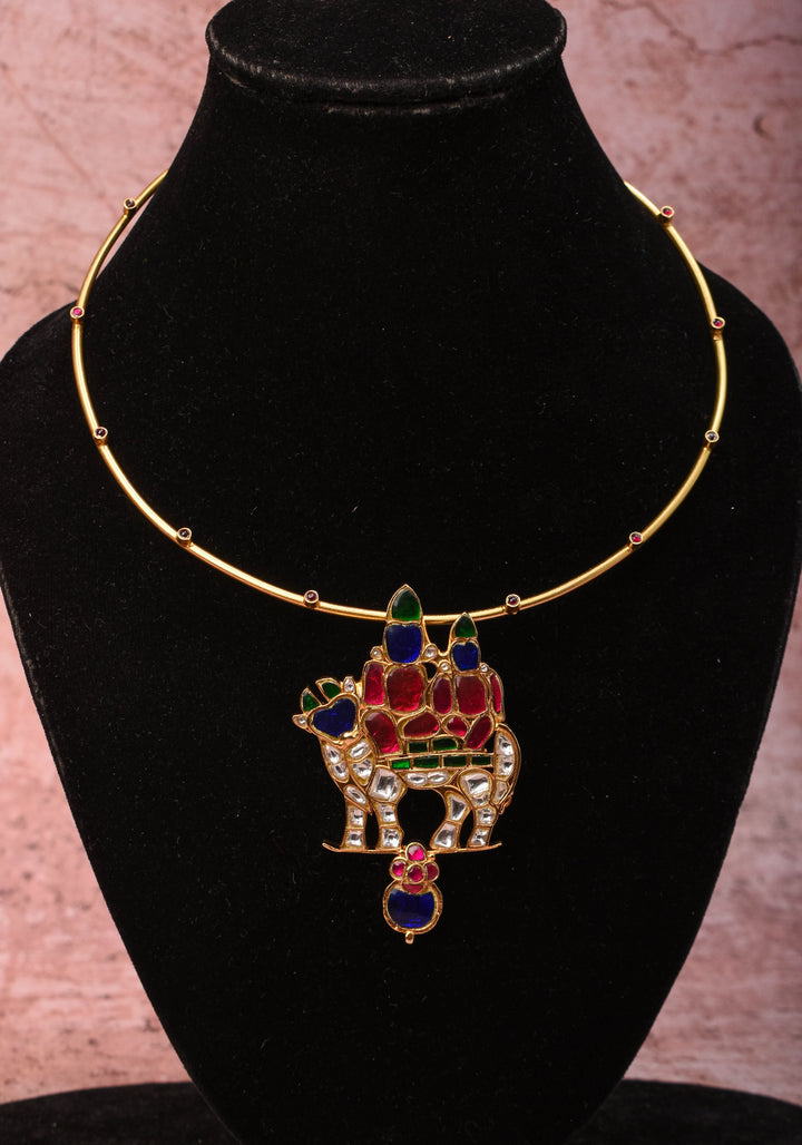 Siva Parivar with Nandi Jadau Pendant on Wire base Necklace with green and pink stone details | Shobitam Jewelry