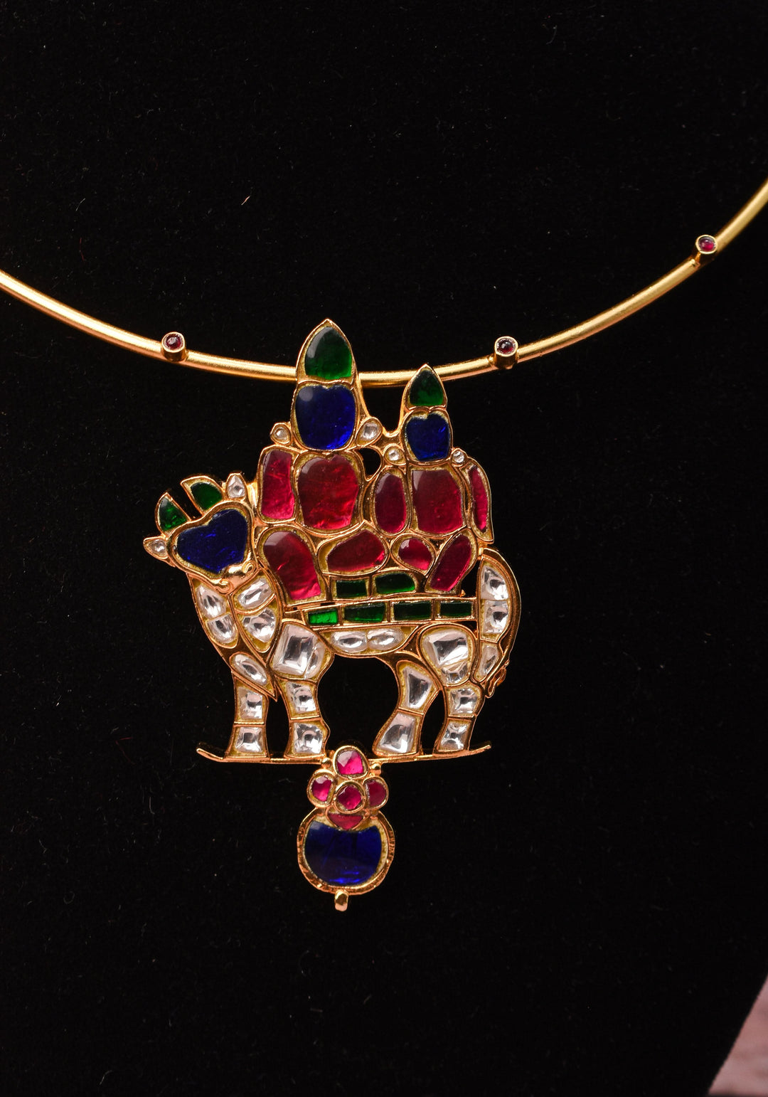 Siva Parivar with Nandi Jadau Pendant on Wire base Necklace with green and pink stone details | Shobitam Jewelry