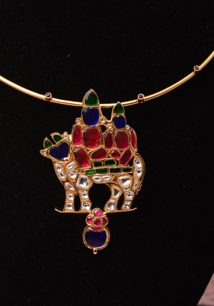 Siva Parivar with Nandi Jadau Pendant on Wire base Necklace with green and pink stone details | Shobitam Jewelry