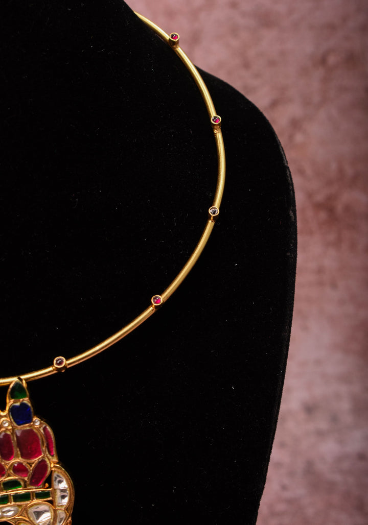 Siva Parivar with Nandi Jadau Pendant on Wire base Necklace with green and pink stone details | Shobitam Jewelry