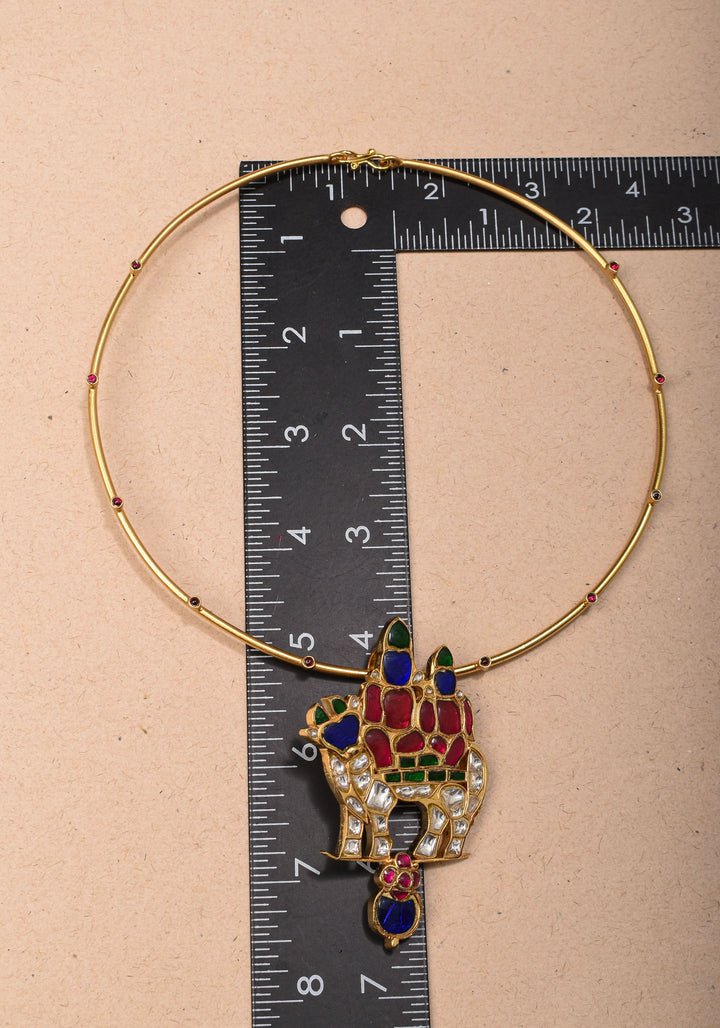 Siva Parivar with Nandi Jadau Pendant on Wire base Necklace with green and pink stone details | Shobitam Jewelry
