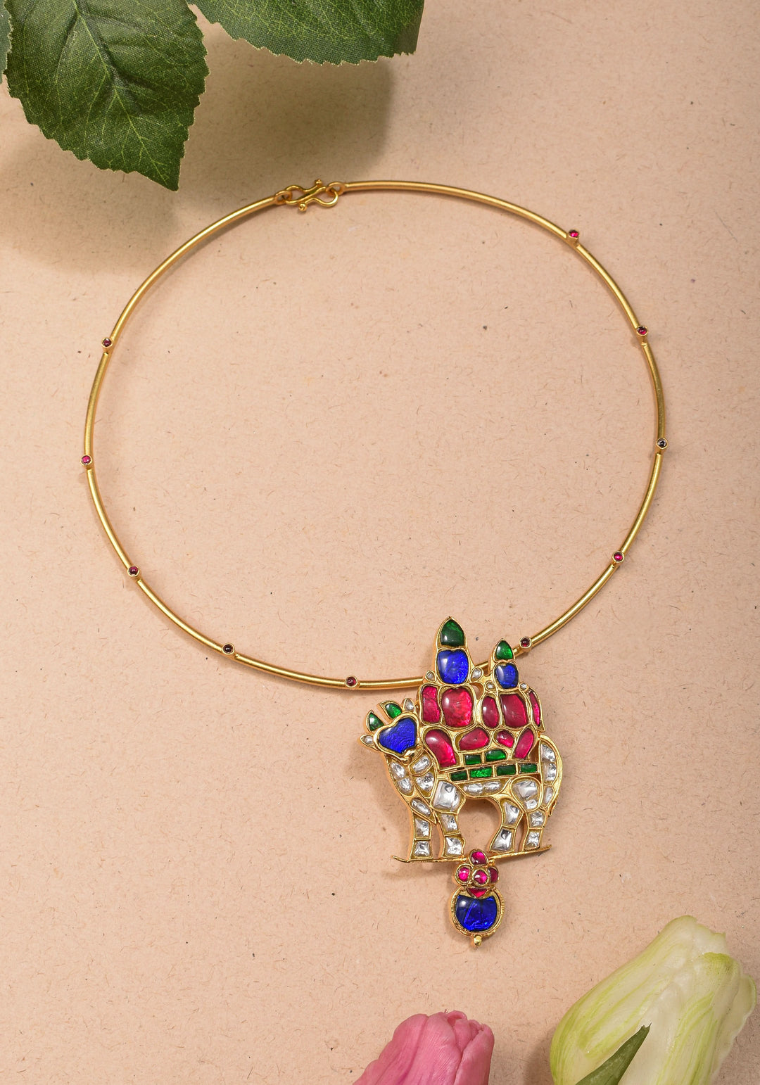 Siva Parivar with Nandi Jadau Pendant on Wire base Necklace with green and pink stone details | Shobitam Jewelry