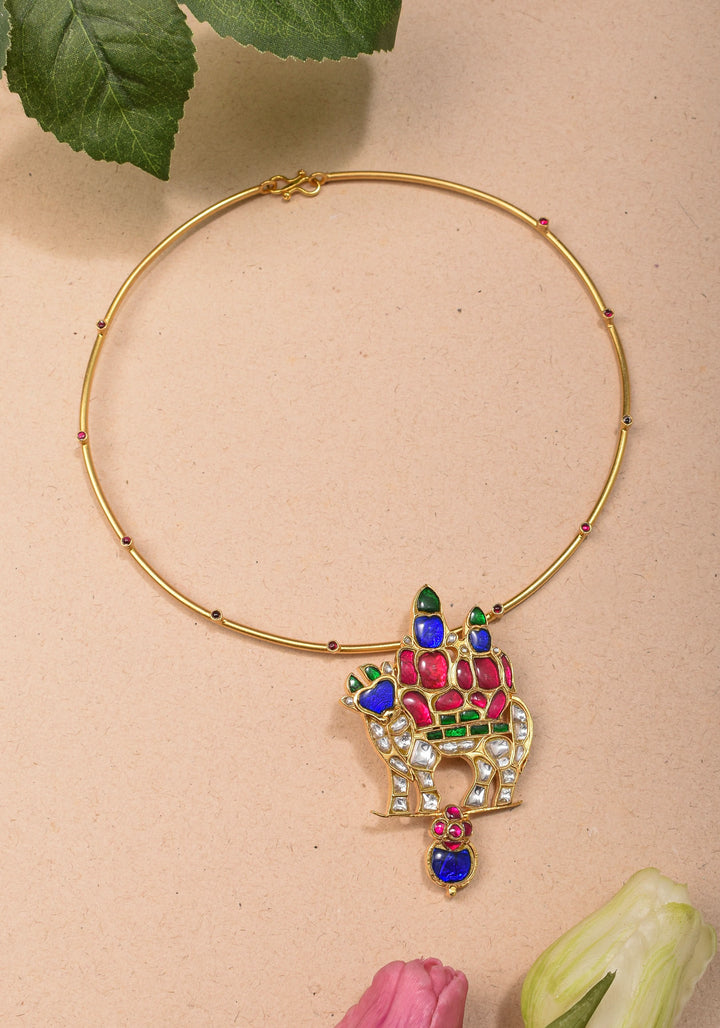Siva Parivar with Nandi Jadau Pendant on Wire base Necklace with green and pink stone details | Shobitam Jewelry