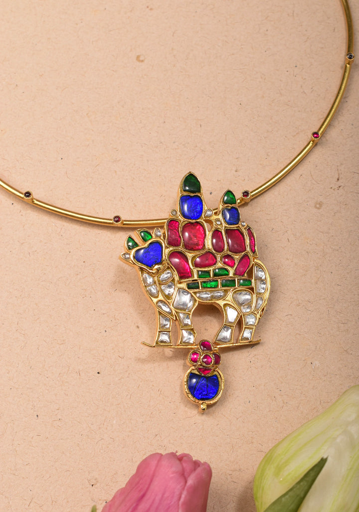 Siva Parivar with Nandi Jadau Pendant on Wire base Necklace with green and pink stone details | Shobitam Jewelry