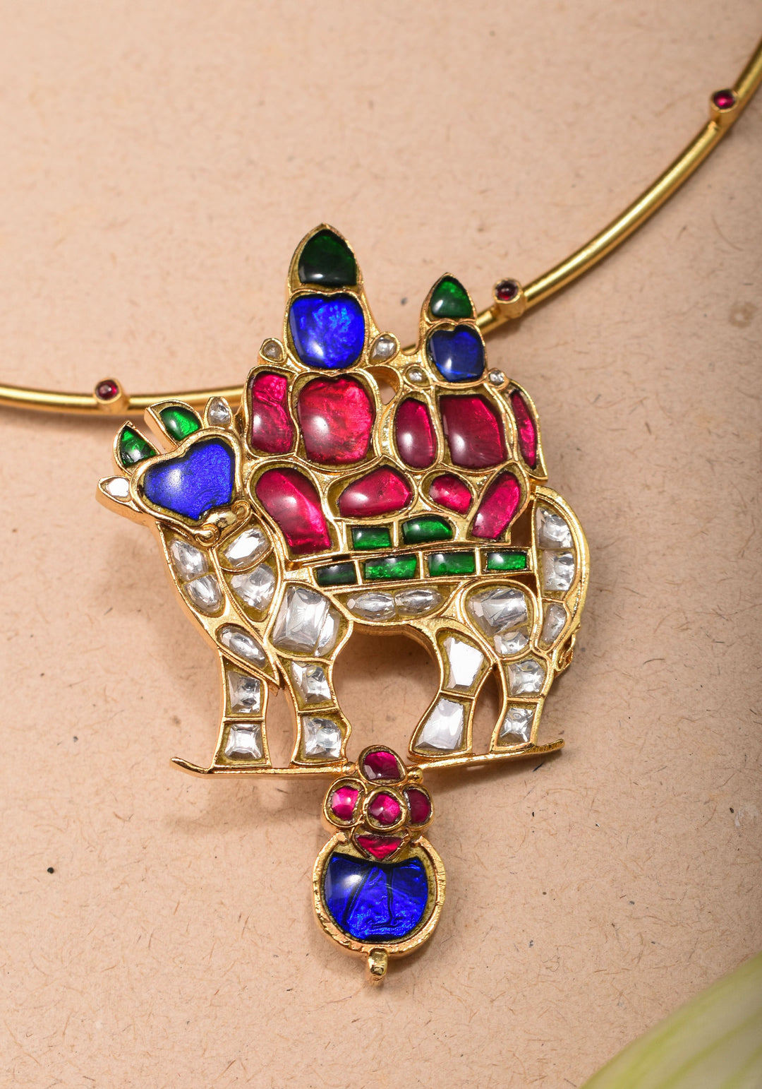 Siva Parivar with Nandi Jadau Pendant on Wire base Necklace with green and pink stone details | Shobitam Jewelry