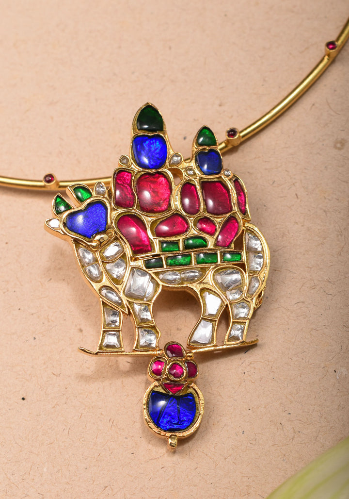 Siva Parivar with Nandi Jadau Pendant on Wire base Necklace with green and pink stone details | Shobitam Jewelry