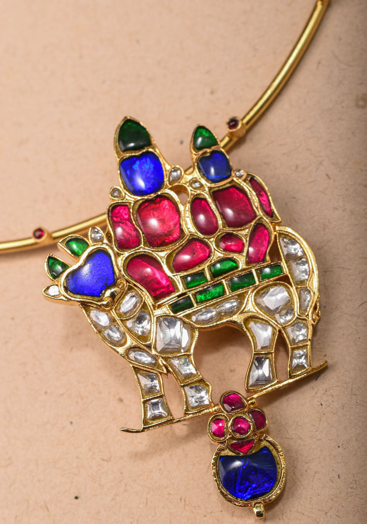 Siva Parivar with Nandi Jadau Pendant on Wire base Necklace with green and pink stone details | Shobitam Jewelry