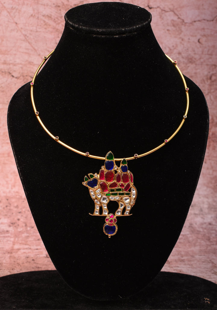 Siva Parivar with Nandi Jadau Pendant on Wire base Necklace with green and pink stone details | Shobitam Jewelry
