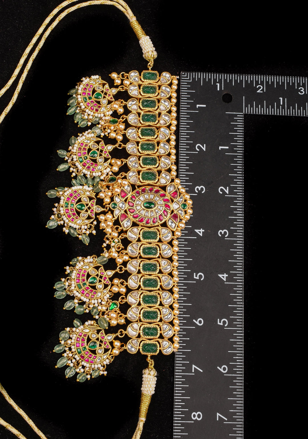 Jadau Choker with  chand design with dangling Green Beads and Pearls, Necklace only ( NO earrings)