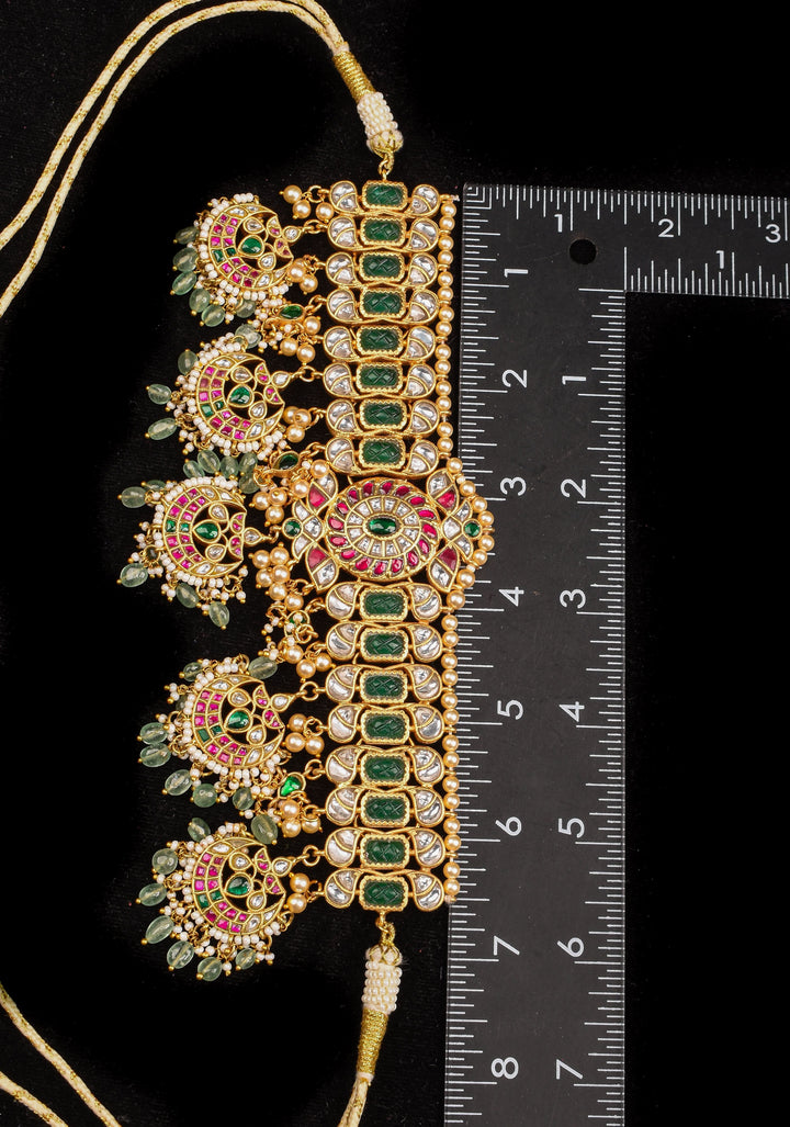 Jadau Choker with  chand design with dangling Green Beads and Pearls, Necklace only ( NO earrings)