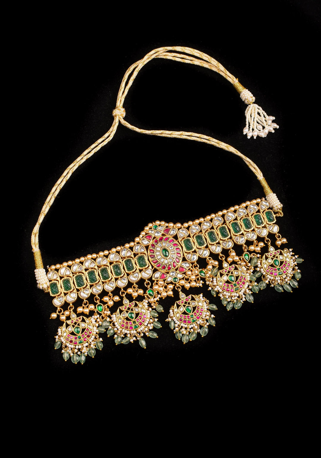 Jadau Choker with  chand design with dangling Green Beads and Pearls, Necklace only ( NO earrings)
