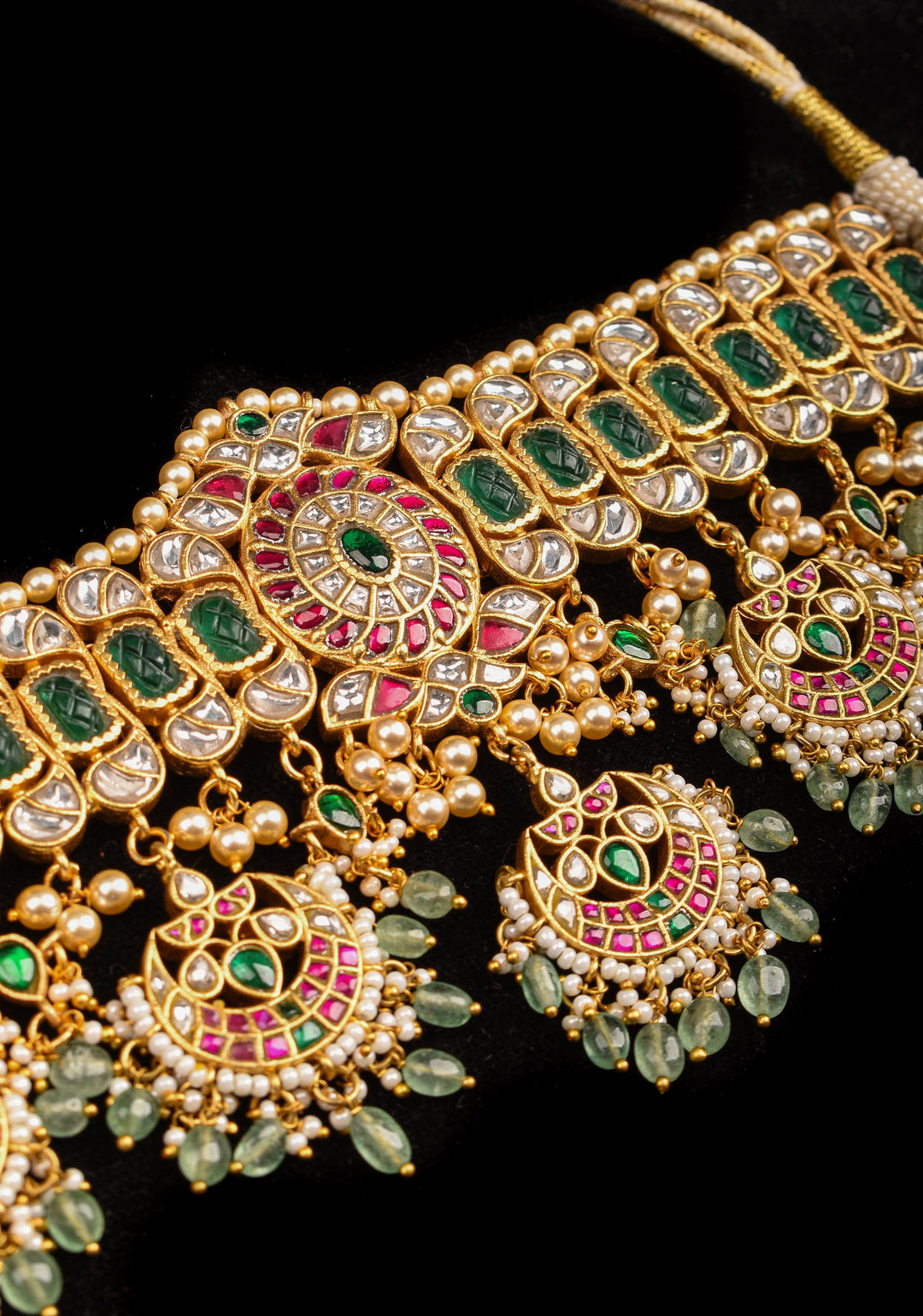 Jadau Choker with  chand design with dangling Green Beads and Pearls, Necklace only ( NO earrings)