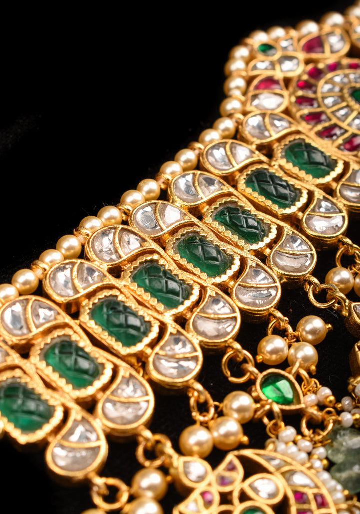 Jadau Choker with  chand design with dangling Green Beads and Pearls, Necklace only ( NO earrings)
