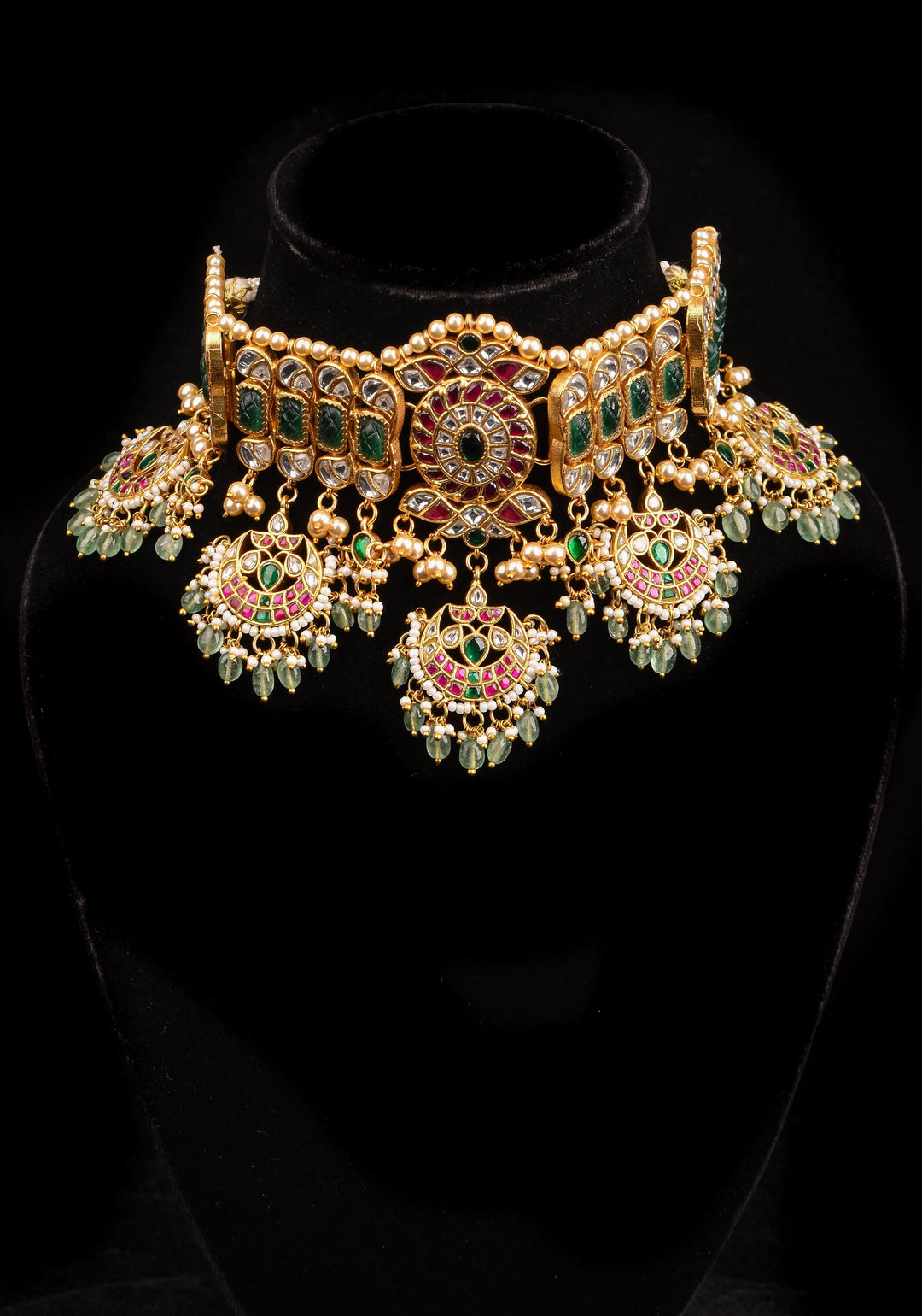 Jadau Choker with  chand design with dangling Green Beads and Pearls, Necklace only ( NO earrings)
