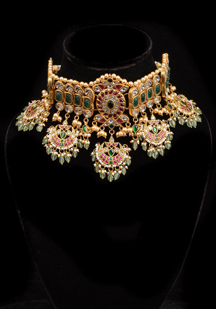 Jadau Choker with  chand design with dangling Green Beads and Pearls, Necklace only ( NO earrings)
