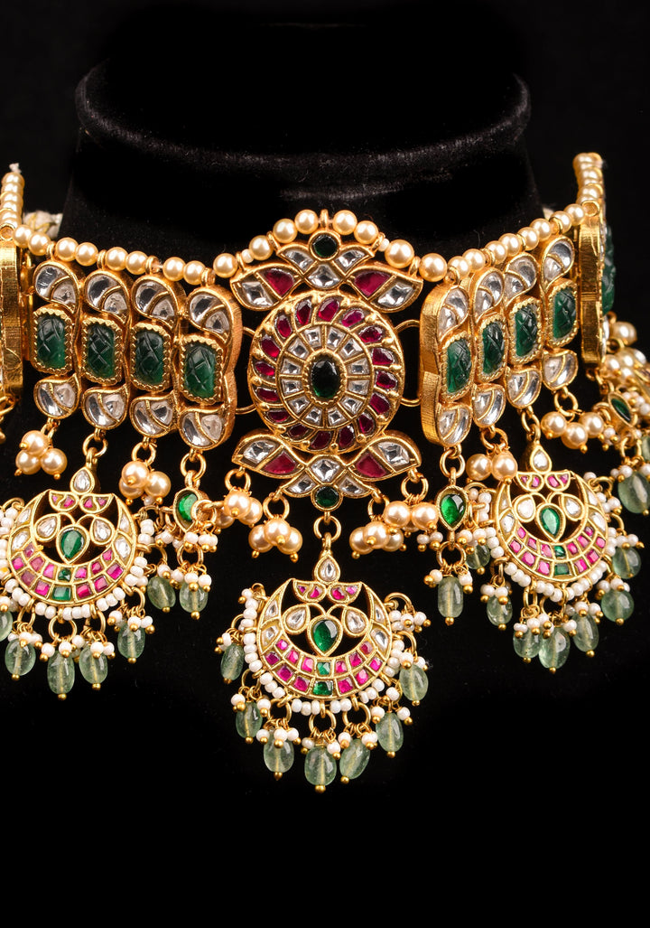 Jadau Choker with  chand design with dangling Green Beads and Pearls, Necklace only ( NO earrings)