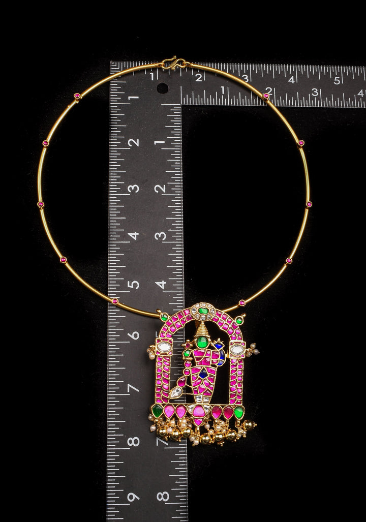 Karthikeyan  stone Jadau Pendant on Red Stone Wire base Necklace with dangling Beads