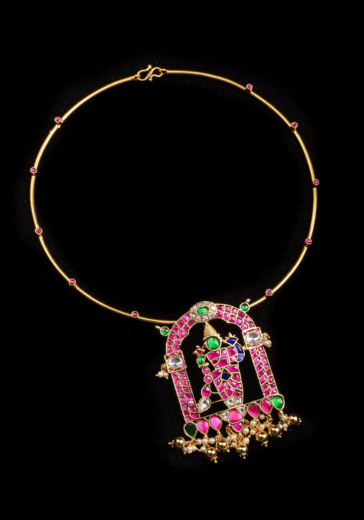 Karthikeyan  stone Jadau Pendant on Red Stone Wire base Necklace with dangling Beads