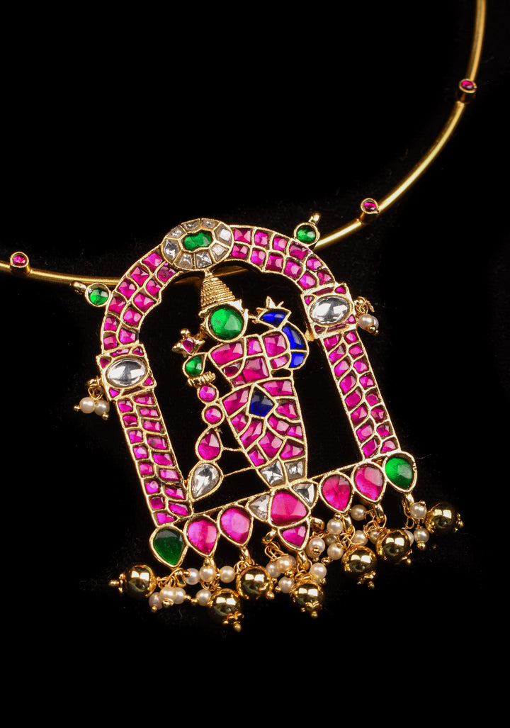 Karthikeyan  stone Jadau Pendant on Red Stone Wire base Necklace with dangling Beads