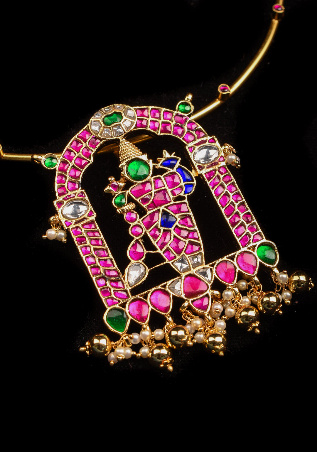 Karthikeyan  stone Jadau Pendant on Red Stone Wire base Necklace with dangling Beads