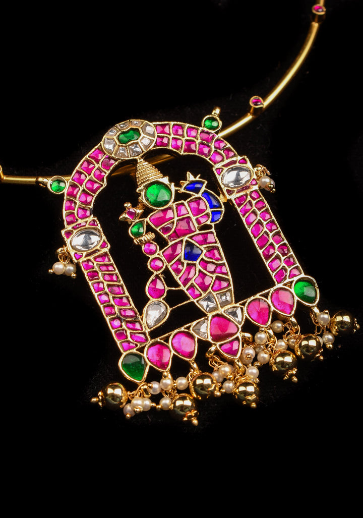 Karthikeyan  stone Jadau Pendant on Red Stone Wire base Necklace with dangling Beads