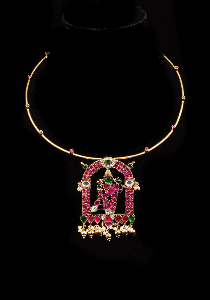 Karthikeyan  stone Jadau Pendant on Red Stone Wire base Necklace with dangling Beads