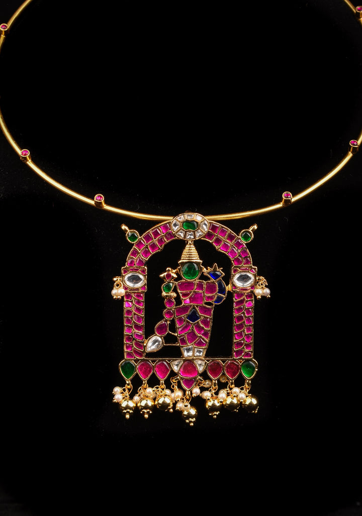 Karthikeyan  stone Jadau Pendant on Red Stone Wire base Necklace with dangling Beads