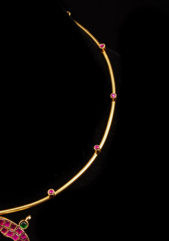 Karthikeyan  stone Jadau Pendant on Red Stone Wire base Necklace with dangling Beads