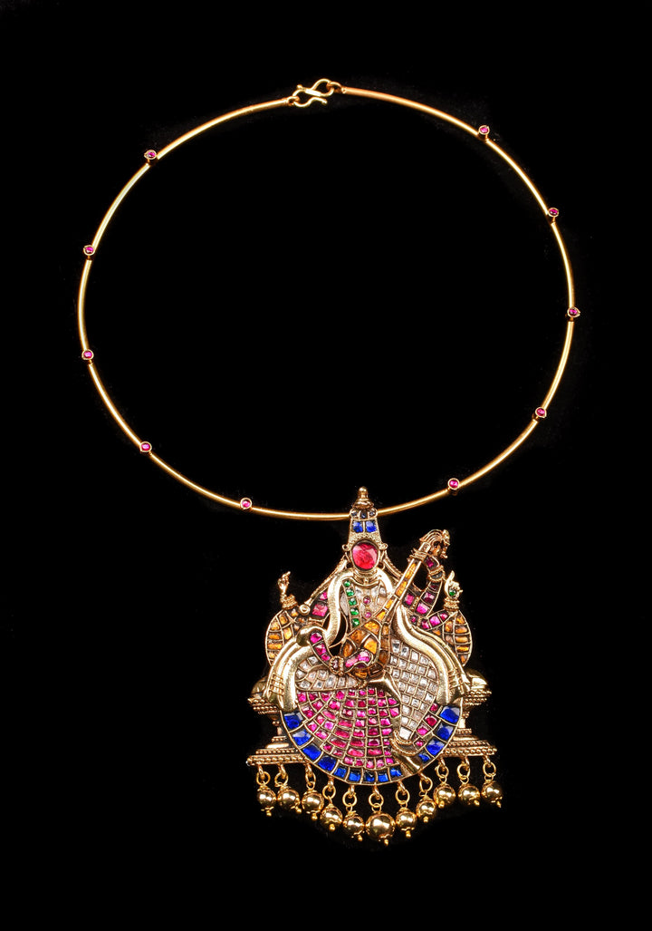 Saraswathi Pendant and Dangling Golden Beads with Multicolor Stones and Wire chain | Shobitam Jewelry