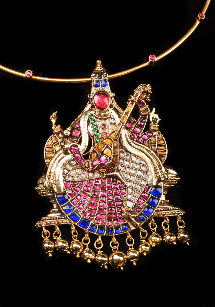 Saraswathi Pendant and Dangling Golden Beads with Multicolor Stones and Wire chain | Shobitam Jewelry