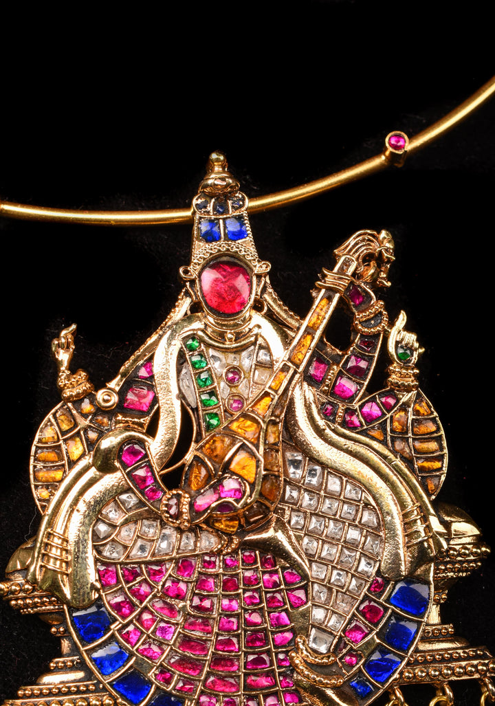 Saraswathi Pendant and Dangling Golden Beads with Multicolor Stones and Wire chain | Shobitam Jewelry