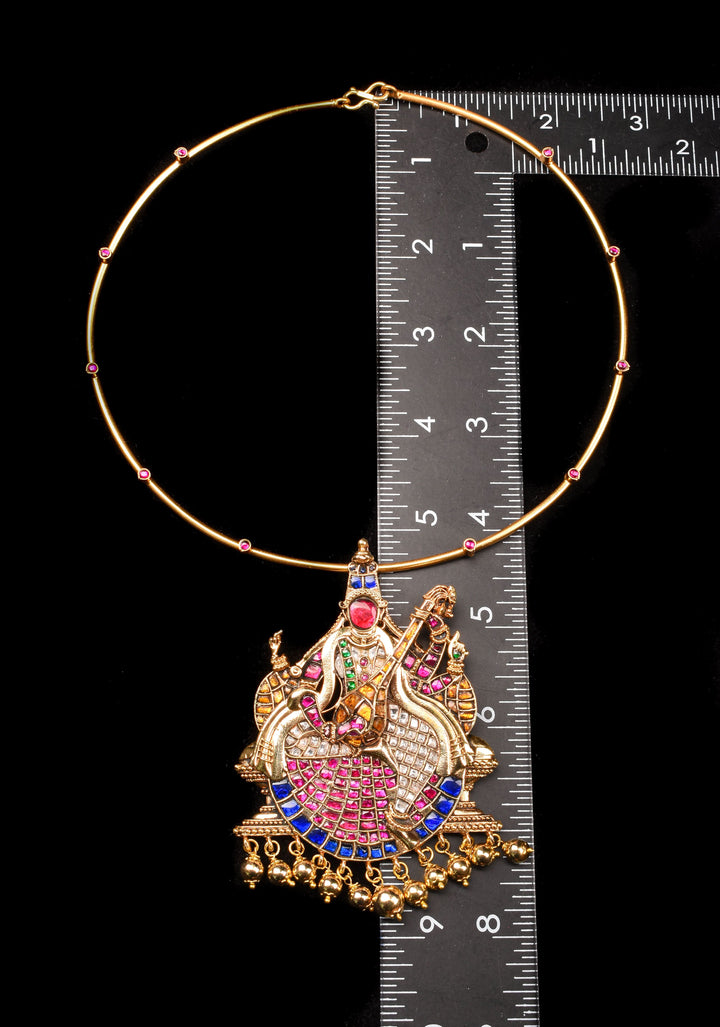 Saraswathi Pendant and Dangling Golden Beads with Multicolor Stones and Wire chain | Shobitam Jewelry