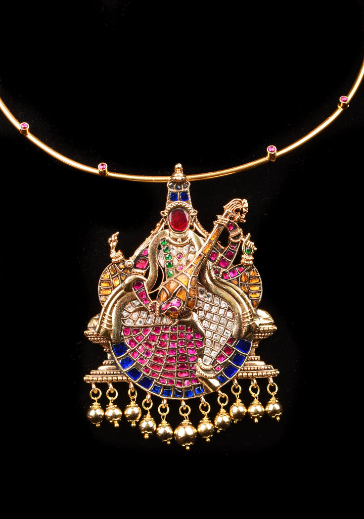 Saraswathi Pendant and Dangling Golden Beads with Multicolor Stones and Wire chain | Shobitam Jewelry