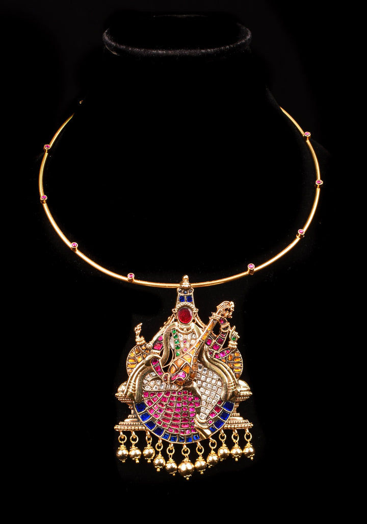 Saraswathi Pendant and Dangling Golden Beads with Multicolor Stones and Wire chain | Shobitam Jewelry